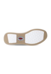 Witte sneakerzool met een gestructureerd grippatroon, met in het midden een ovale logo en een tan rubberen rand. Platte, duurzame ontwerp.