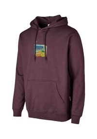 Maroon hoodie made of cotton blend, featuring a front pocket and a graphic patch depicting a yellow and blue drink carton design.