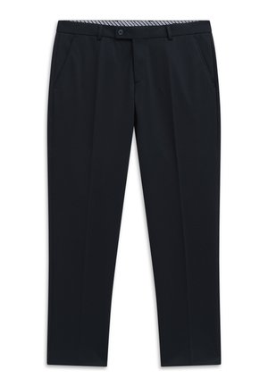 Marineblaue maßgeschneiderte Hose mit Vordertaschen, Knopfverschluss und gestreiftem innerem Bunddetail.