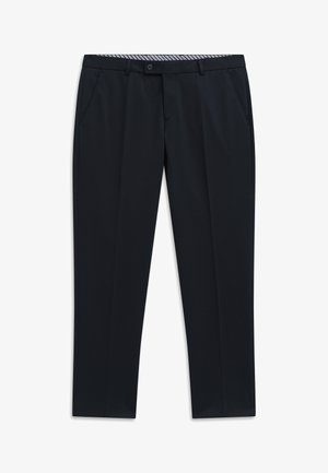 Navy blue tailored trousers with front pockets, button closure, and striped inner waistband detail.