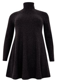 Schwarz langärmeliges Kleid mit hohem Kragen und ausgestelltSaum. Hergestellt aus weichem, strukturiertem Stoff mit einem subtilen Schimmer.