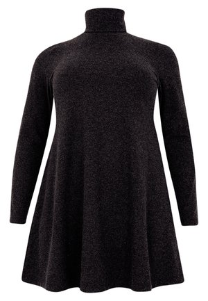 Zwart lange mouwen jurk met een hoge hals en een flared zoom. Gemaakt van zachte, gestructureerde stof met een subtiele glans.