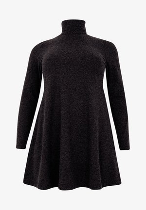 Schwarz langärmeliges Kleid mit hohem Kragen und ausgestelltSaum. Hergestellt aus weichem, strukturiertem Stoff mit einem subtilen Schimmer.