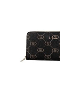 Portafoglio nero con zip, decorato con un motivo ripetuto di cerchi grigi intrecciati e logo dorato "LIU JO" nell'angolo in alto a destra.