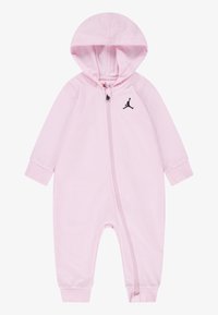 Body rose à capuche en tissu doux, doté d'une fermeture éclair sur toute la longueur, de poignets côtelés et d'un logo noir en accent sur la poitrine.