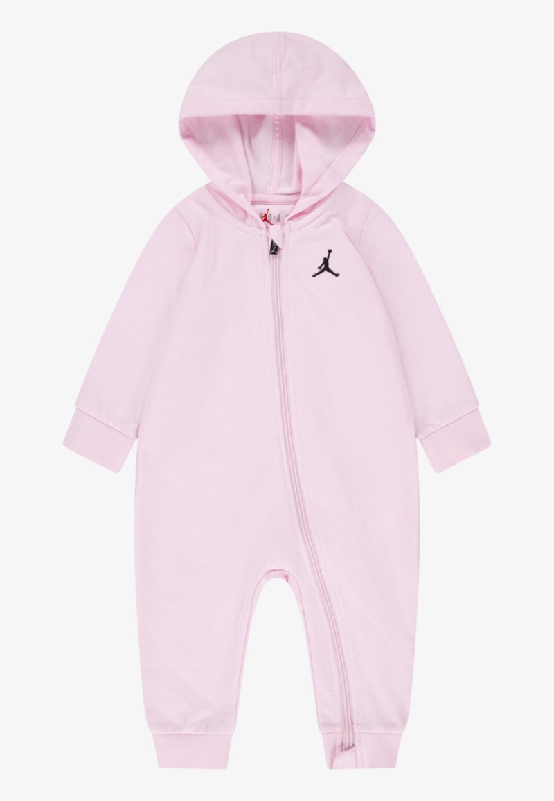 Body rose à capuche en tissu doux, doté d'une fermeture éclair sur toute la longueur, de poignets côtelés et d'un logo noir en accent sur la poitrine.