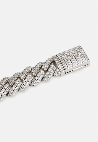Silver-tone bracelet featuring a braided design, adorned with multiple shiny rhinestones and a rectangular clasp engraved with "DARKAI."