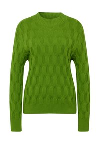 Grüner Strickpullover mit strukturiertem Muster aus länglichen Ovalen und einem gerippten Rundhalsausschnitt. Lange Ärmel und gerippter Saum.