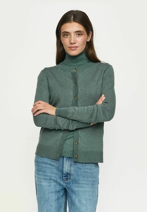 Jeune femme aux longs cheveux foncés porte un cardigan vert boutonné sur un col roulé assorti et un jean bleu, debout les bras croisés.