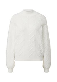 Weißer, gestrickter Pullover mit strukturiertem Fischgrätenmuster, hohem Kragen und gerippten Bündchen. Hat eine kastige Silhouette und eine verkürzte Länge.