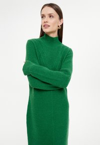 Grünes gestricktes Kleid mit hohem Kragen, gerippter Struktur und langen Ärmeln, das eine figurbetonte Silhouette und vertikale Details aufweist.