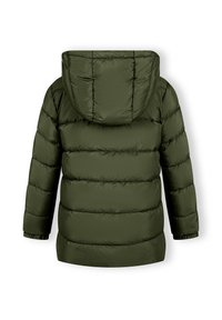Doudoune verte olive, dotée d'une capuche, avec un motif matelassé et une texture de tissu lisse et brillante. Vue arrière avec des manches longues.