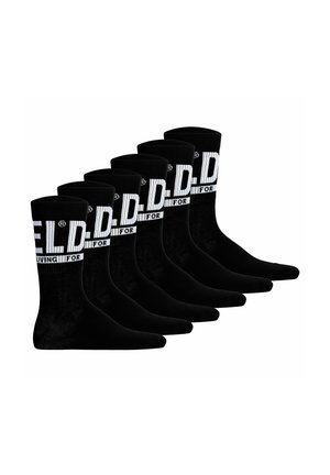 Calcetines negros en un paquete de seis con una banda blanca que lleva texto. Tela suave y lisa con un puño acanalado y diseño de color sólido.