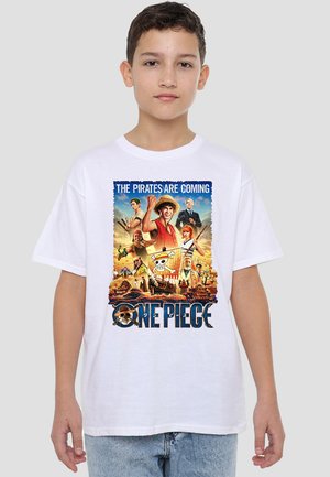 White cotton t-shirt featuring a colorful "One Piece" graphic with characters and text, illustrating a pirate theme. Short sleeves, crew neck.