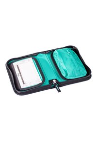 Black zippered case, interior features teal compartments, one with a zip pocket, and a notepad with a patterned design.