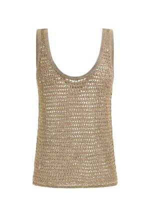 Knitted beige tank top with a scoop neck, open weave pattern, and a solid trim. Lightweight texture suitable for warm weather.
