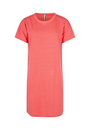 Kurzes Kleid in Koralle mit horizontalen Streifen, featuring einen Rundhalsausschnitt und einer leichten A-Linienform. Weicher Stoff mit glatter Textur.