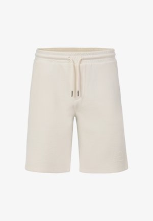 Pantaloncini casual color crema con vita elasticizzata e coulisse, con un logo sottile in rilievo vicino all'orlo sulla gamba sinistra.