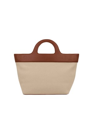 Beige tote bag with a brown leather top and handles, featuring a simple, modern design suitable for everyday use.
