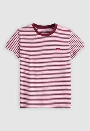Red and white striped T-shirt with short sleeves, a maroon crew neck, and a small red Levi's logo tag on the left side. Cotton material.