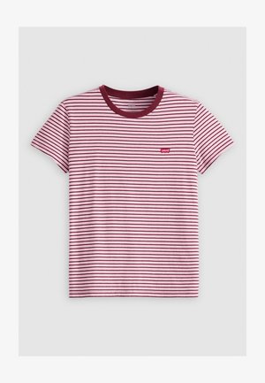 Sarkana un balta svītraina T-krekls ar īsām piedurknēm, bordo krāsas apaļa kakla izgriezums un neliela sarkanā Levi's logo birka kreisajā pusē. 100% kokvilna.