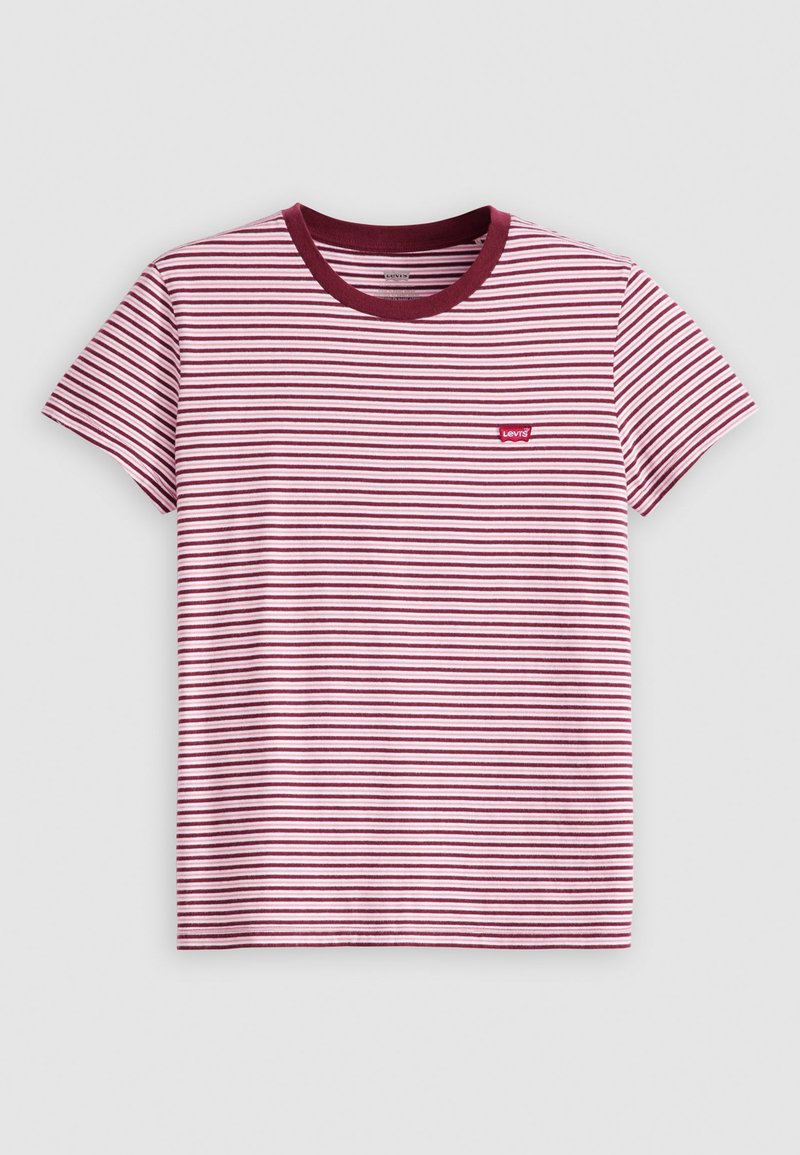 Rot-weiß gestreiftes T-Shirt mit kurzen Ärmeln, einem weinroten Rundhalsausschnitt und einem kleinen roten Levi's-Logo-Tag auf der linken Seite. Aus Baumwollmaterial.