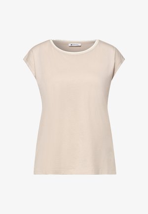 Beżowy damski t-shirt z krótkim rękawem i okrągłym dekoltem, wykonany z miękkiego materiału, z metką "Street One" wewnątrz kołnierza.