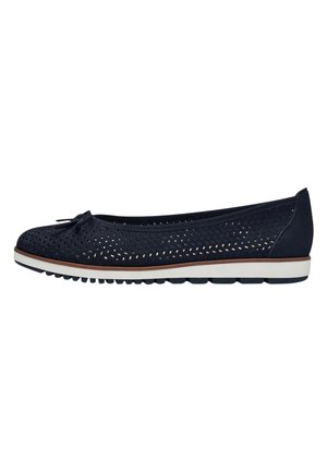Navy blue perforated ballet flat with a rounded toe, decorative bow detail, white midsole, and textured rubber outsole.