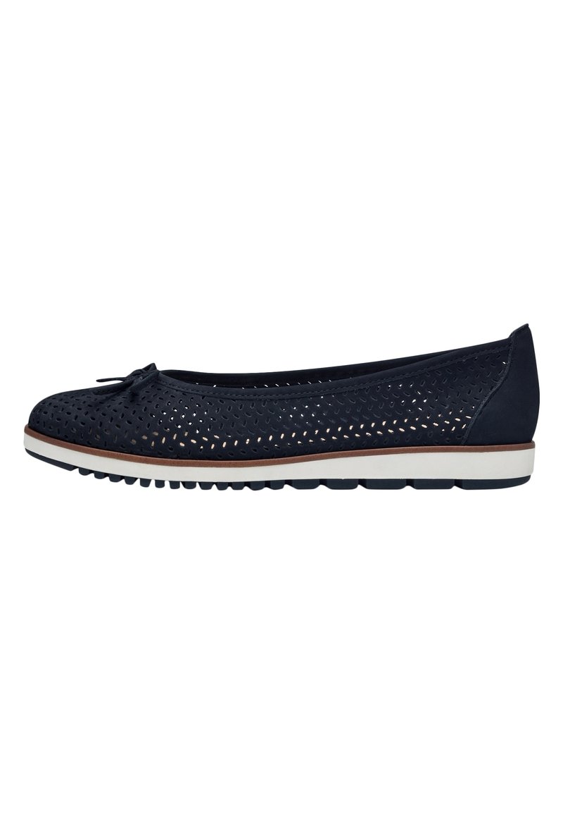 Navy blue perforated ballet flat with a rounded toe, decorative bow detail, white midsole, and textured rubber outsole.