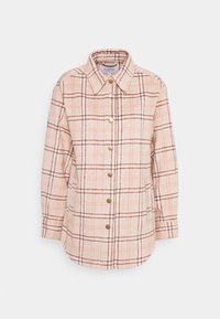 Giacca a camicia a quadri in rosa chiaro e marrone. Realizzata in un tessuto morbido, presenta un'apertura con bottoni, colletto a punta e tasche laterali.