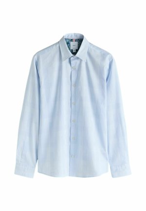 Hellblaues Herrenhemd mit langen Ärmeln, Knopfleiste, dezentem Karomuster und floralem Innenkragenfutter.