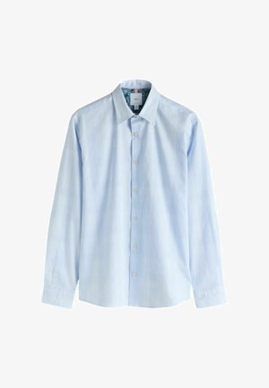 Hellblaues Herrenhemd mit langen Ärmeln, Knopfleiste, dezentem Karomuster und floralem Innenkragenfutter.