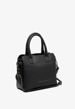 Schwarze Lederhandtasche mit doppelten Griffen, abnehmbarem Schulterriemen, strukturiertem Design, glatter Oberfläche und minimalistischer Gestaltung.