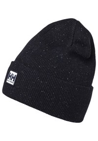 Zwarte gebreide beanie met een geribbelde tekstuur, voorzien van kleurrijke spikkels. Inclusief een wit rechthoekig logopatch. Gezellig en aansluitend ontwerp.