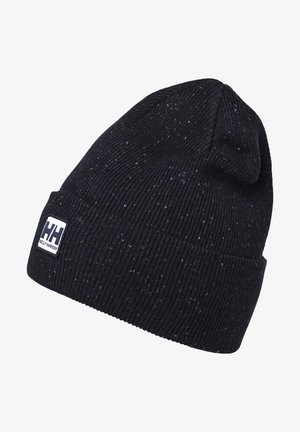 Gorro de malha preto com uma textura canelada, apresentando pontos coloridos. Inclui um patch de logo retangular branco. Design aconchegante e ajustado.