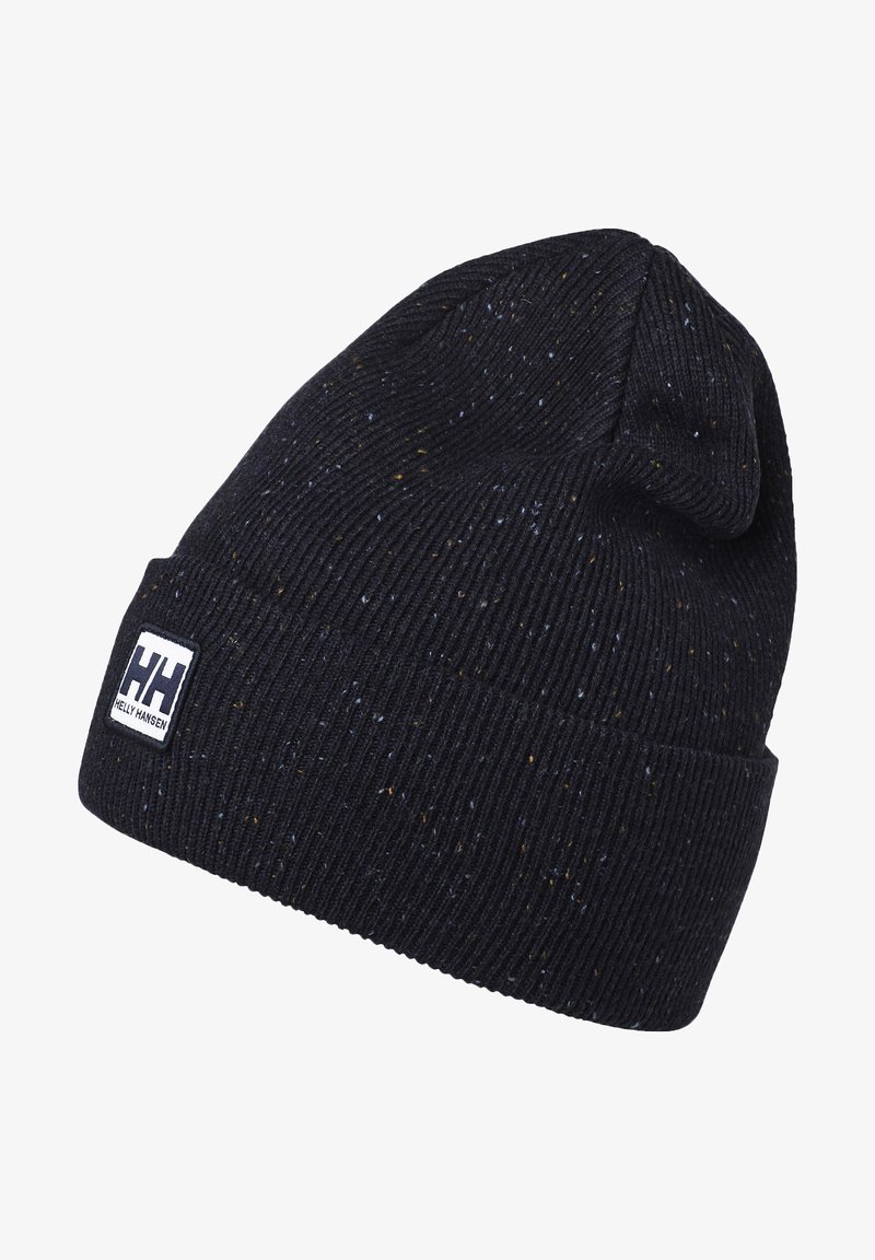 Zwarte gebreide beanie met een geribbelde tekstuur, voorzien van kleurrijke spikkels. Inclusief een wit rechthoekig logopatch. Gezellig en aansluitend ontwerp.