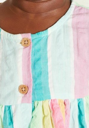 Multicolored dress featuring horizontal stripes in pastel shades of pink, mint, and yellow. Fastened with two wooden buttons. Soft texture.