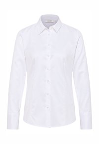 Witte button-up shirt gemaakt van gladde katoen. Heeft een klassieke kraag, lange mouwen en parelachtige knopen aan de voorkant.
