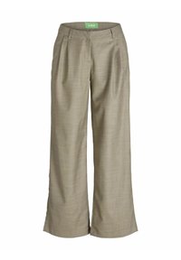 Pantalons large beiges en tissu texturé avec un motif subtil, dotés de plis avant et de poches latérales. Étiquette de logo verte à la taille.