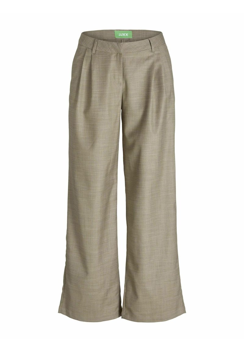 Pantalons large beiges en tissu texturé avec un motif subtil, dotés de plis avant et de poches latérales. Étiquette de logo verte à la taille.