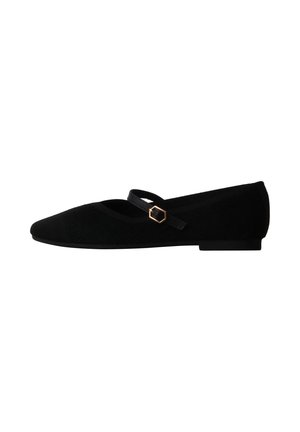 Chaussure Mary Jane plate noire avec un bout pointu, un matériau texturé et une fine bride avec une petite boucle hexagonale dorée.