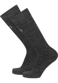 Dunkelgraue Socken mit gerippter Textur. Verstärkte Zehen- und Fersenbereiche, elastischer Bund und ein dezentes Logodetail in der Nähe des Oberteils.