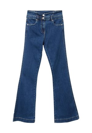 Dunkelblaue ausgestellte Jeans mit klassischem Fünf-Taschen-Design, zwei Knopfverschluss und kontrastierenden Nähten entlang der Nähte.