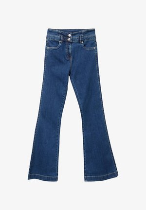 Dunkelblaue ausgestellte Jeans mit klassischem Fünf-Taschen-Design, zwei Knopfverschluss und kontrastierenden Nähten entlang der Nähte.