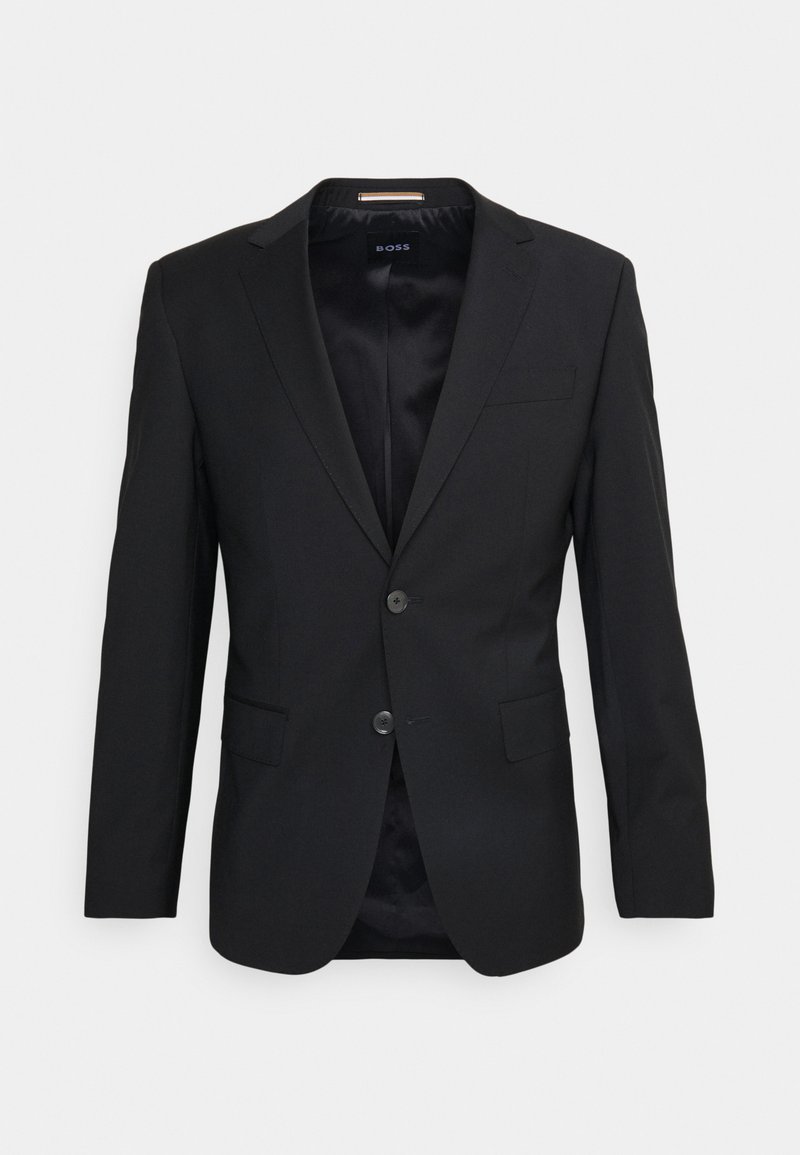 Zwarte jasje gemaakt van gladde stof, met een notch lapel, twee knopen, zijzakken en een strakke binnenvoering.