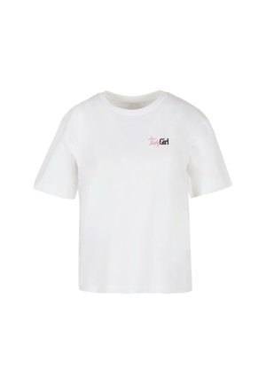 Witte katoenen T-shirt met korte mouwen, een ronde halslijn en een bedrukte "Girl" logo in zwart en roze op de linkerkant van de borst.
