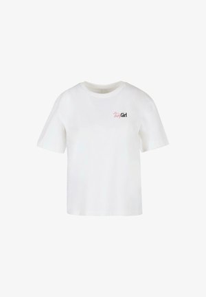 Valge puuvillane t-särk lühikeste varrukatega, ümmarguse kaelusega ning vasakul rinnal must ja roosa "Girl" logo.