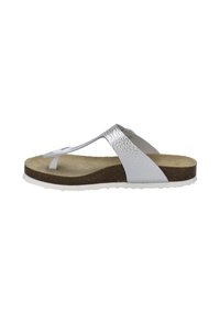 Sandale en flip-flop argentée avec un dessus texturé, accents blancs, semelle intérieure marron et semelle en caoutchouc blanche. Présente un design minimaliste et ouvert.