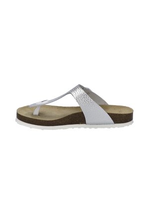 Silver flip-flop sandal with a textured upper, white accents, brown footbed, and a white rubber sole. Features a minimalist, open design.