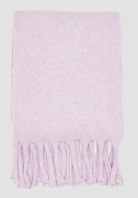Écharpe tissée rose clair avec des bords frangés, texture douce, forme rectangulaire et un motif subtil sur tout le tissu.